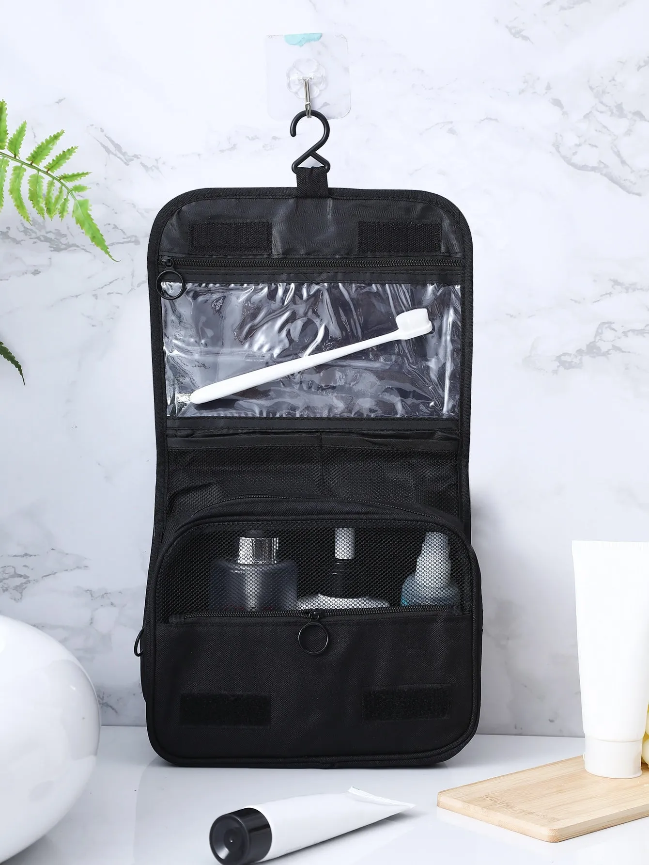 1pc 9.05*7.48inch Hanging Toiletry Travel Bag, Multi Pocket Makeup Cosmetic Bag For Travel Organizer