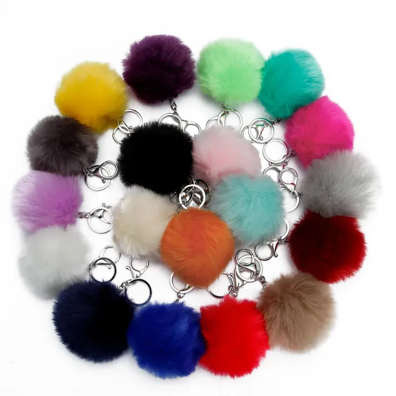 1Pcs 8Cm Fake Fur Bag Keychain Pompom Car Keyring Silver Color Chains Pompons Fake Fox Rabbit Fur Ch