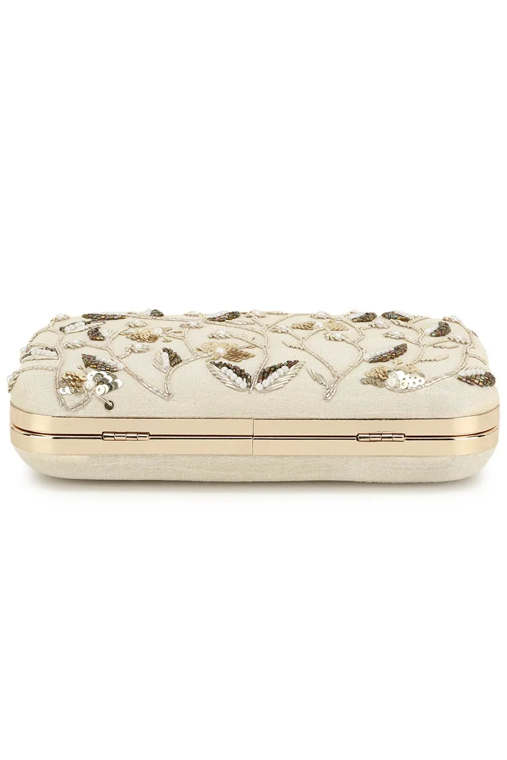 Adorn Off White & Gold Botanical Embellished Faux Silk Clutch