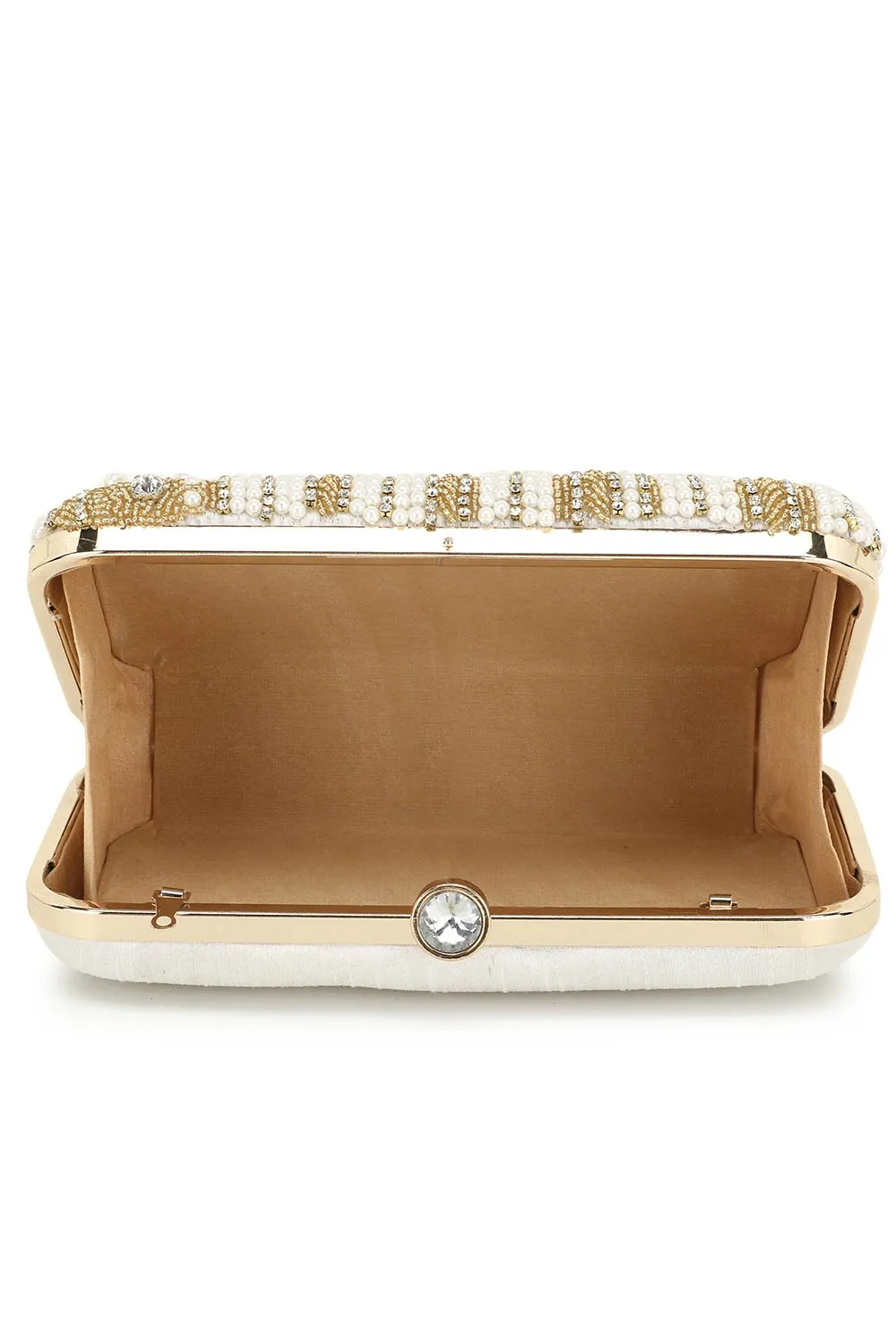 Adorn White & Gold Embellished Faux Silk Clutch