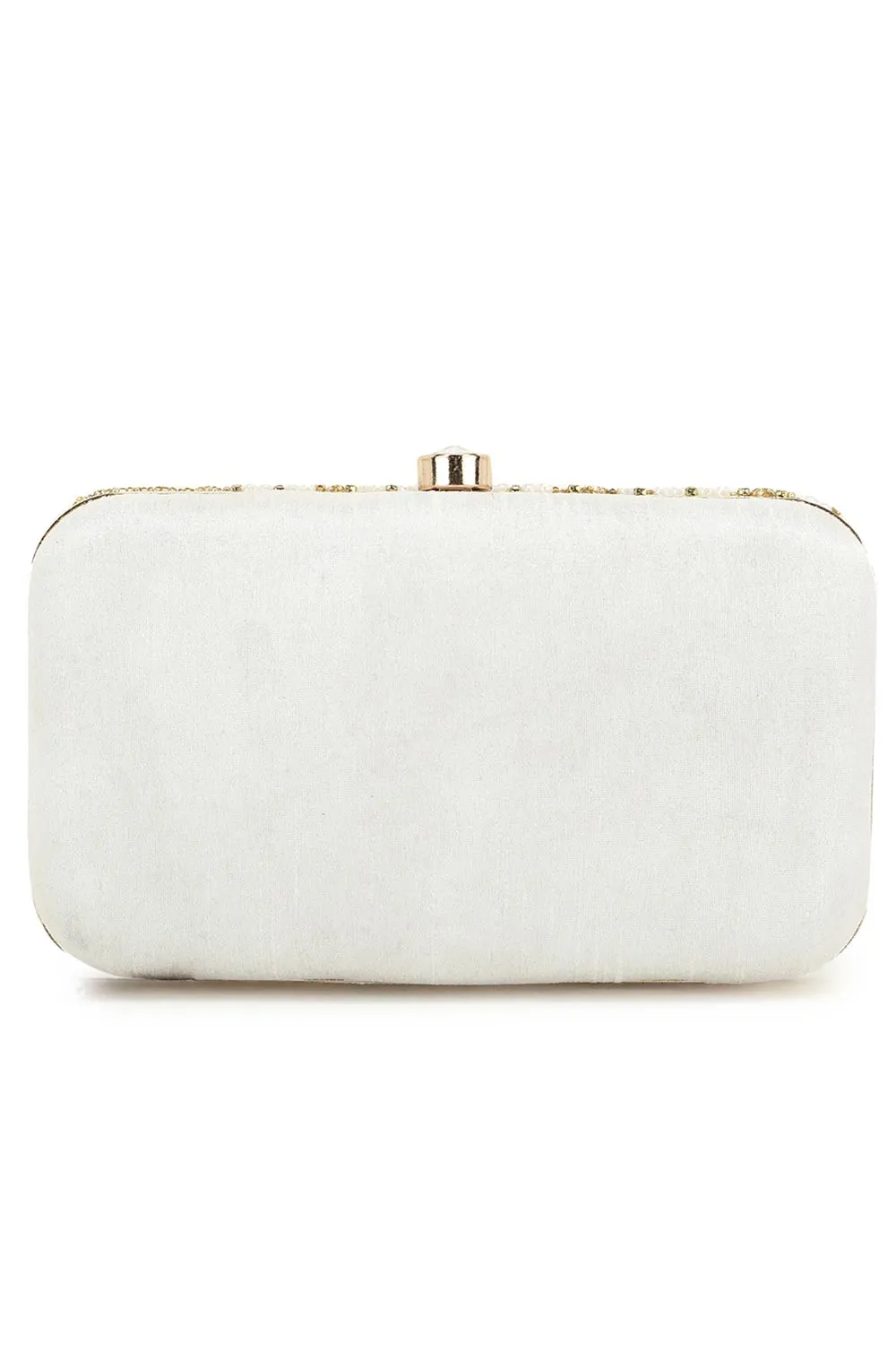 Adorn White & Gold Embellished Faux Silk Clutch