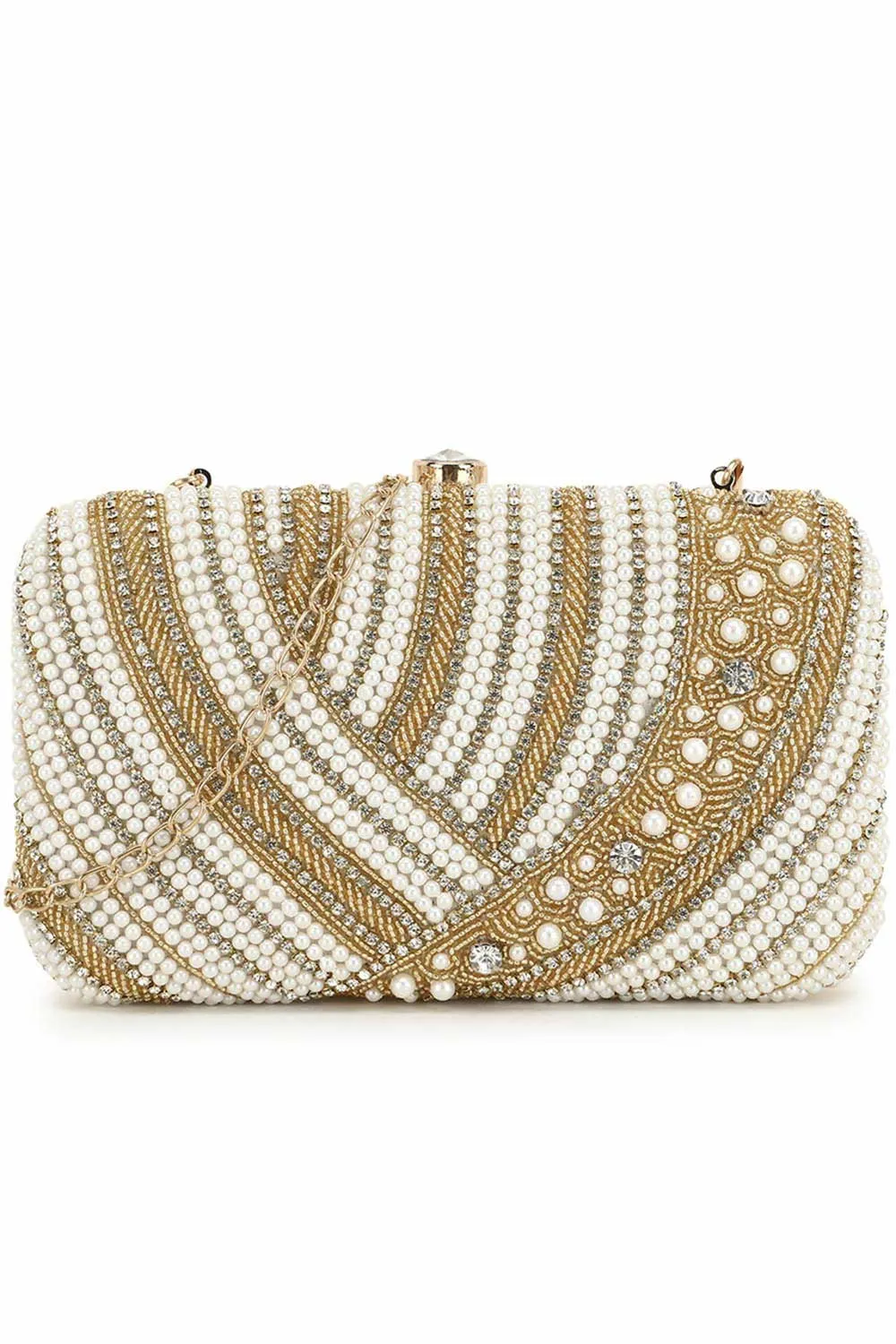 Adorn White & Gold Embellished Faux Silk Clutch