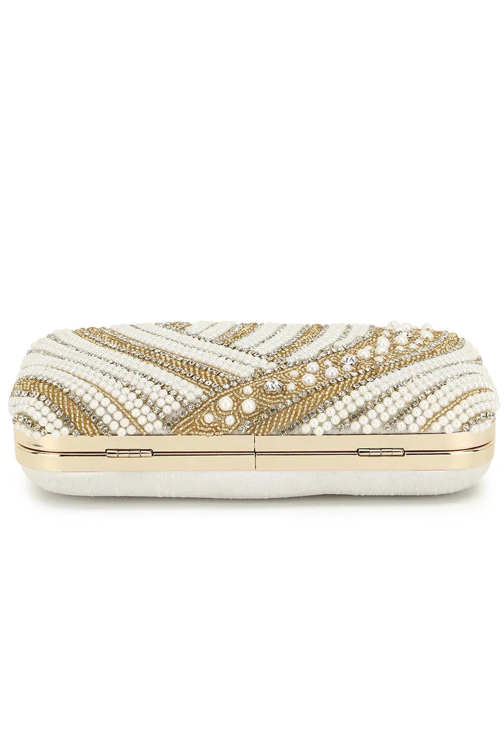 Adorn White & Gold Embellished Faux Silk Clutch