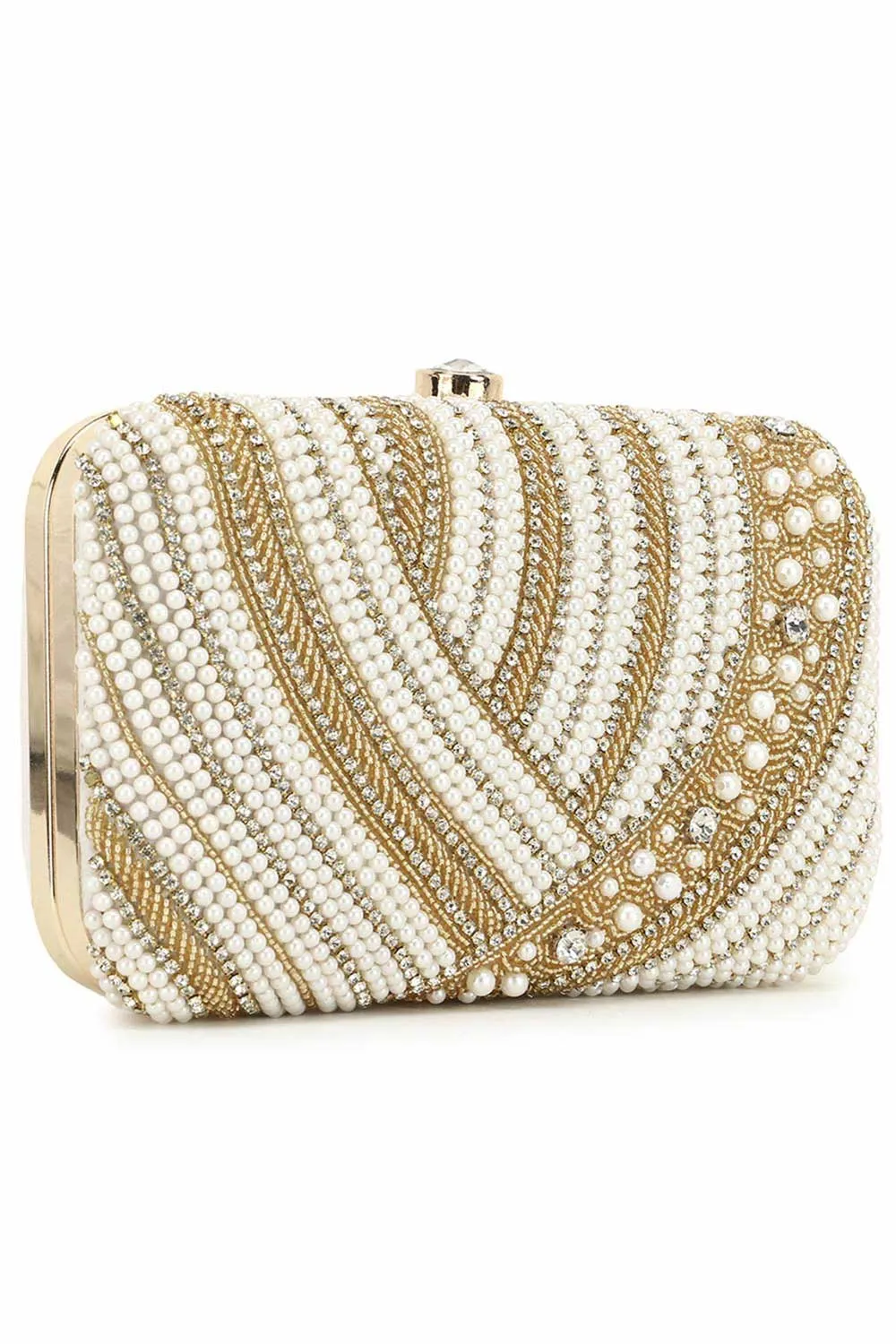 Adorn White & Gold Embellished Faux Silk Clutch