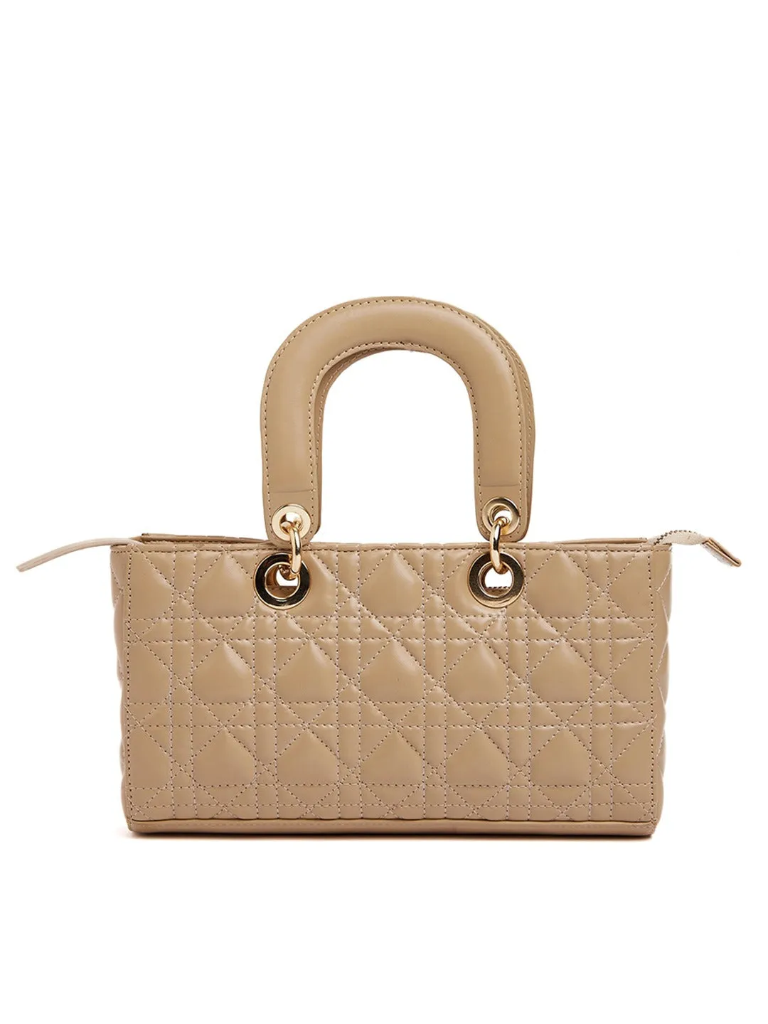 Berrylush Women Beige Texture & Quilt Structured Handheld Bag