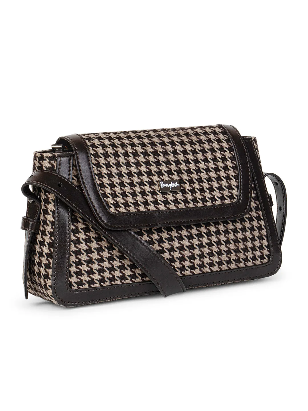 Berrylush Women Brown & White Houndstooth Printed Cotton Embellished Regular Sling Bag