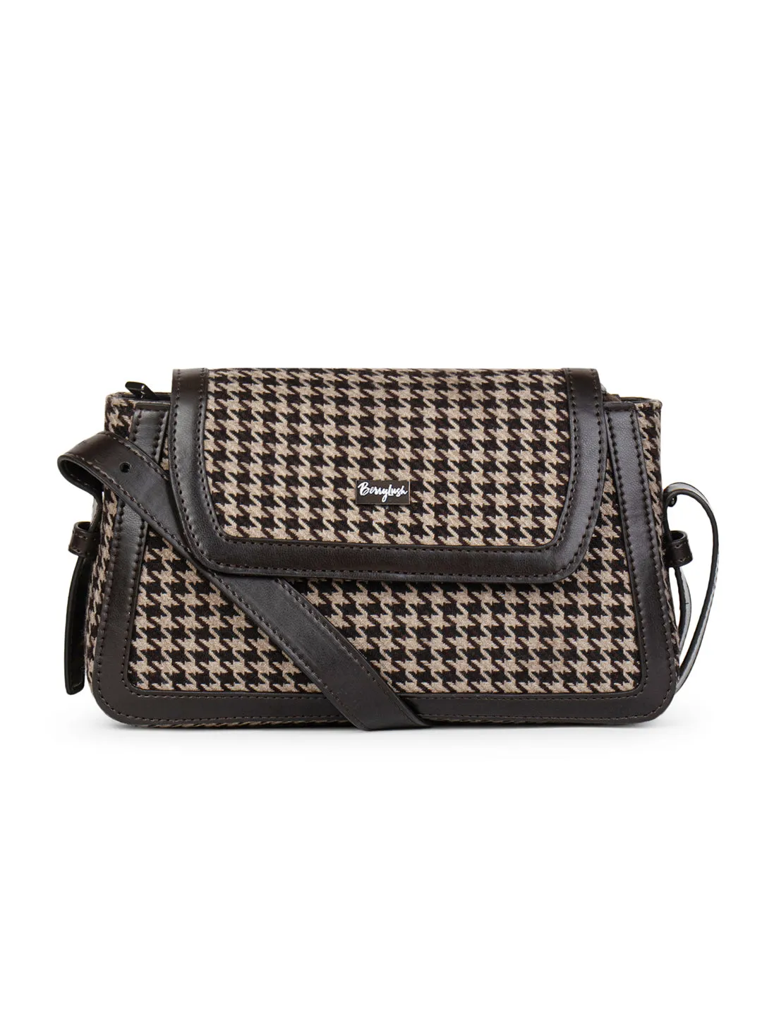 Berrylush Women Brown & White Houndstooth Printed Cotton Embellished Regular Sling Bag