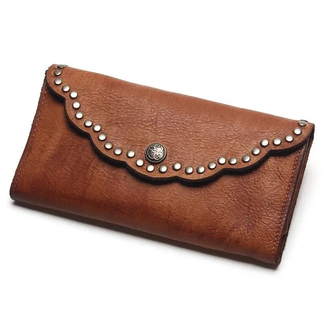 Brush Color Clutch Anchor Nail Genuine Leather Women Wallets