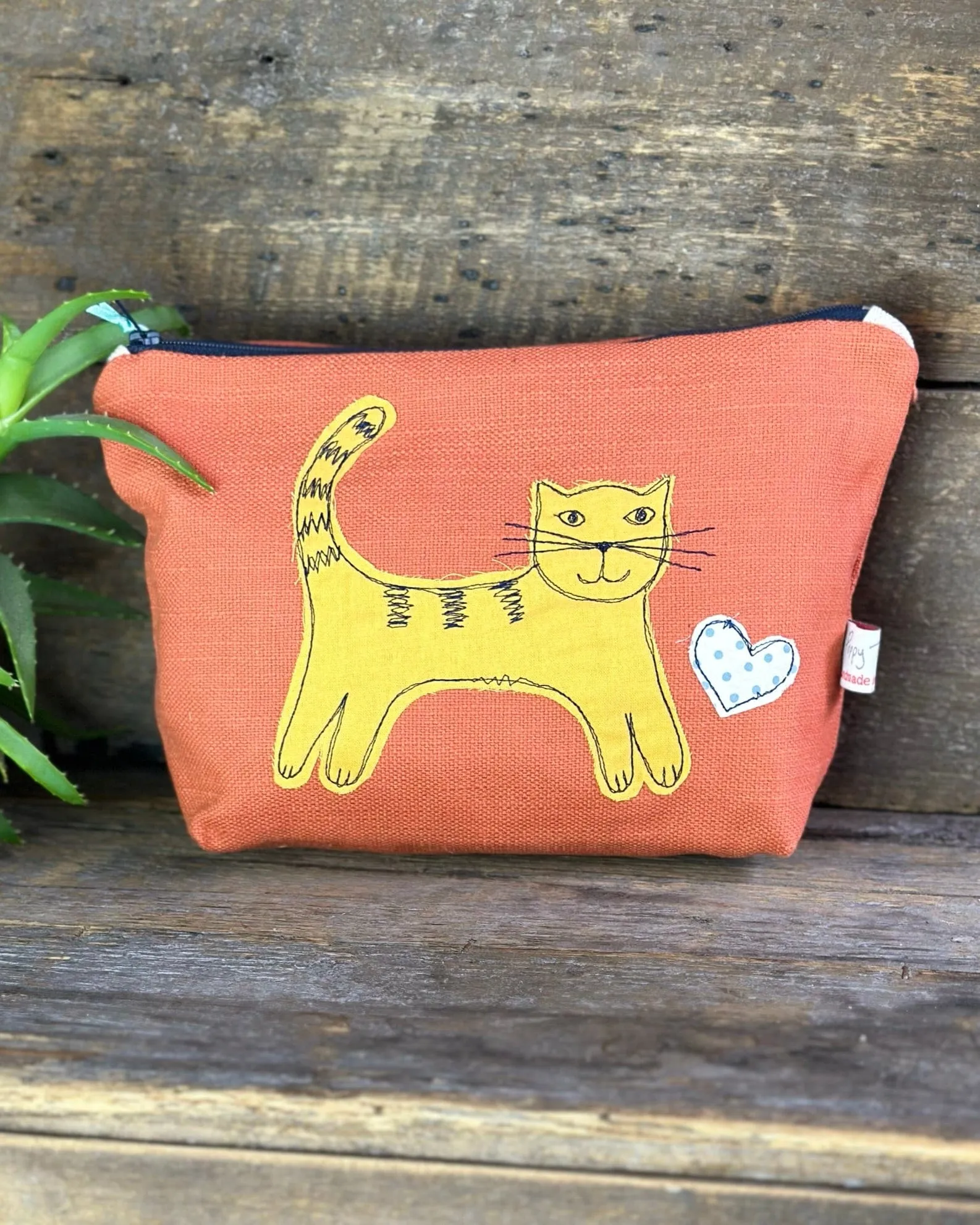 Canvas Make Up Bag With Embroidered Cat - Burnt Orange