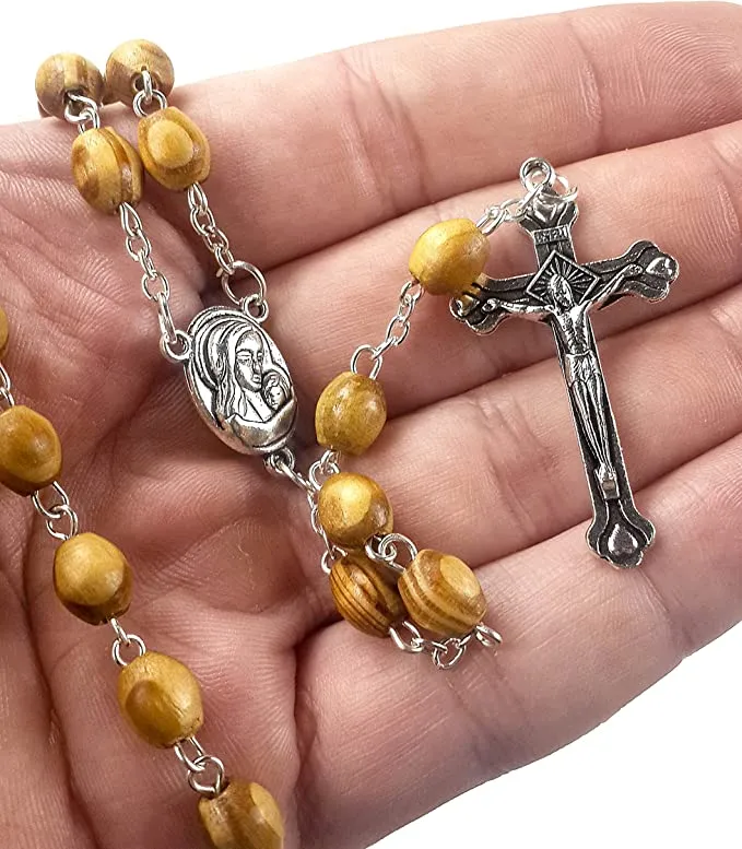 Catholic Prayer Rosary Olive Wood Beads Necklace Holy Soil Medal & Metal Cross and Velvet Bag