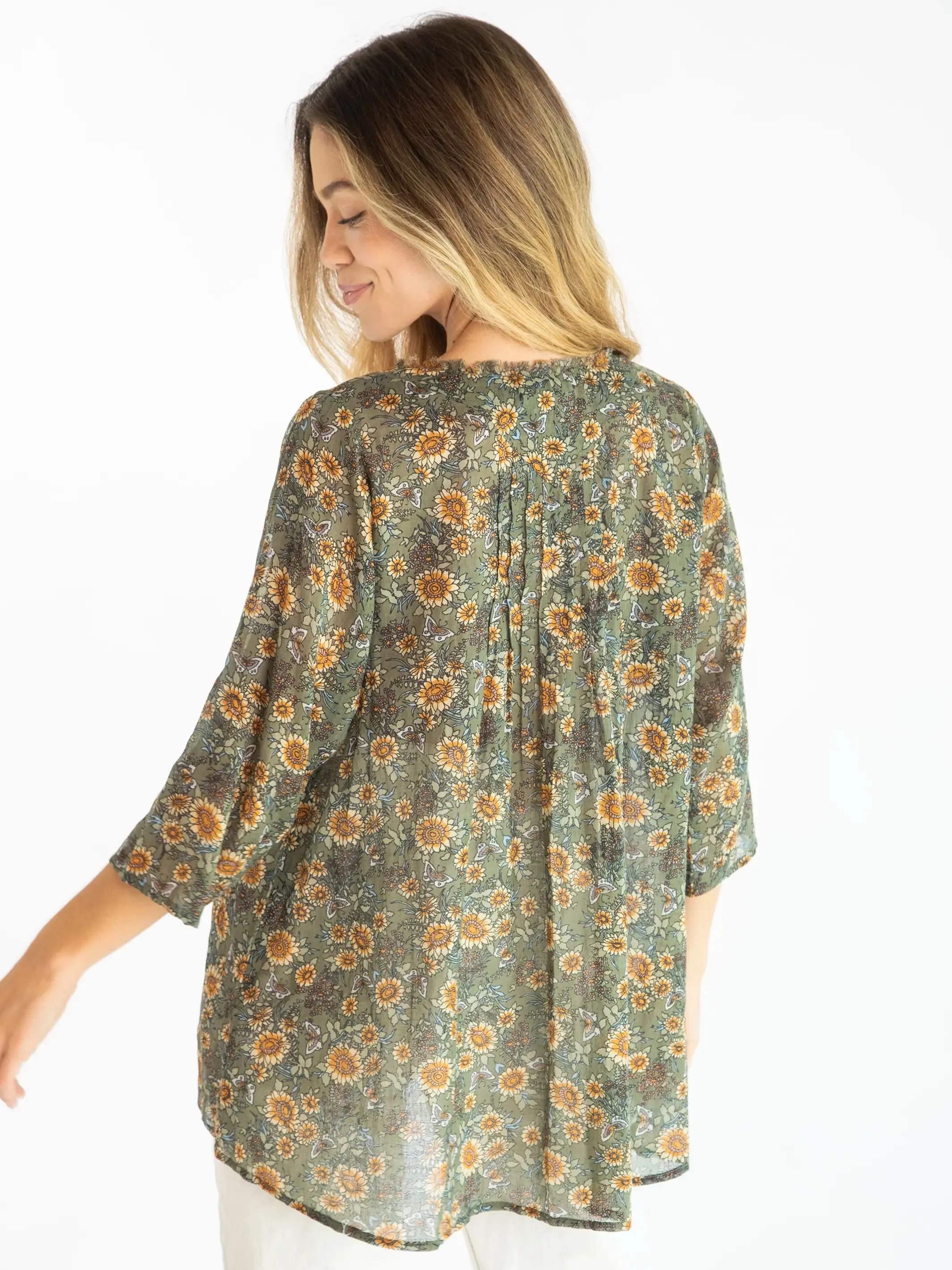 Cotton Tunic-In-A-Bag - Green Sunflower Butterflies