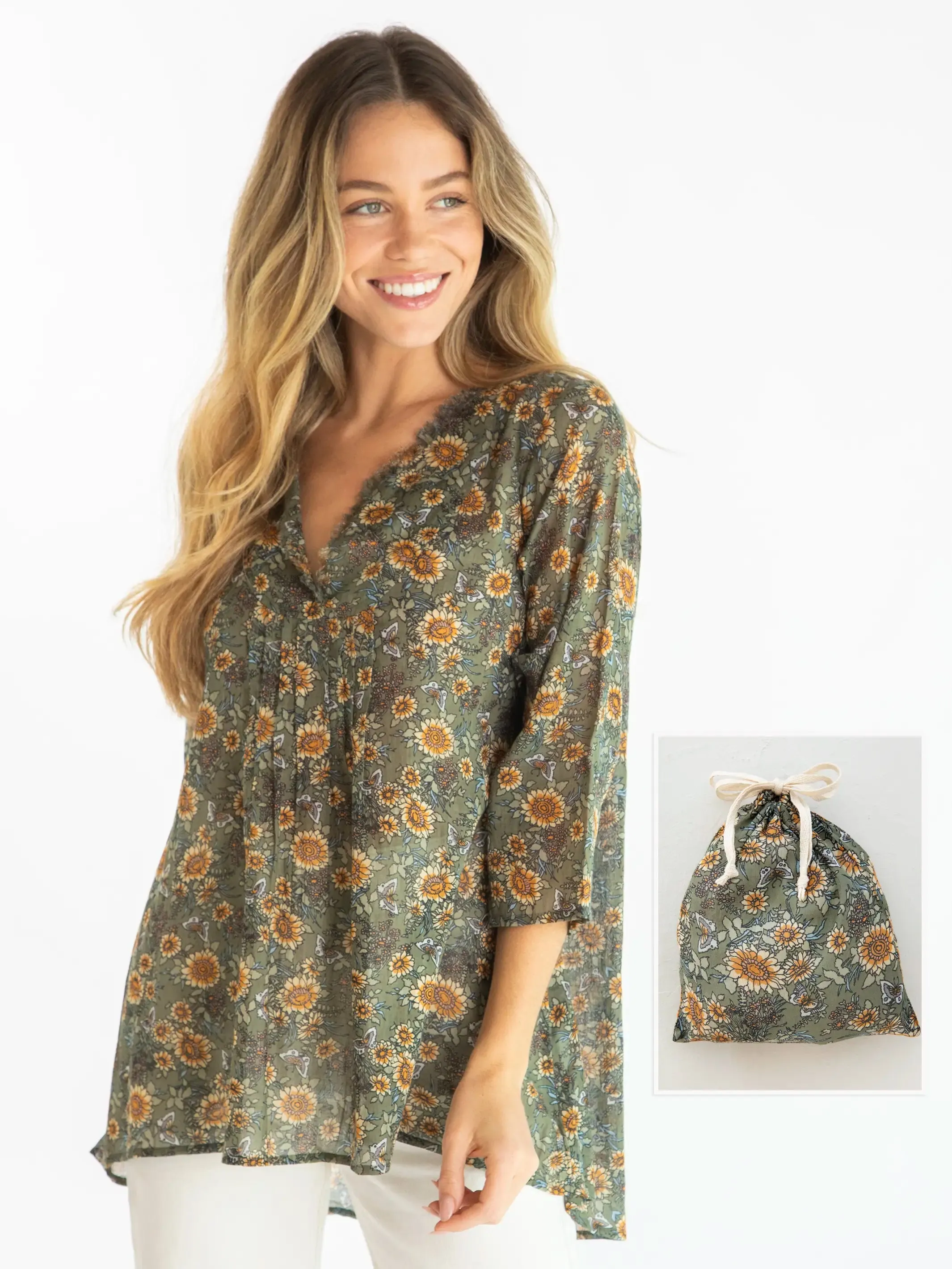 Cotton Tunic-In-A-Bag - Green Sunflower Butterflies