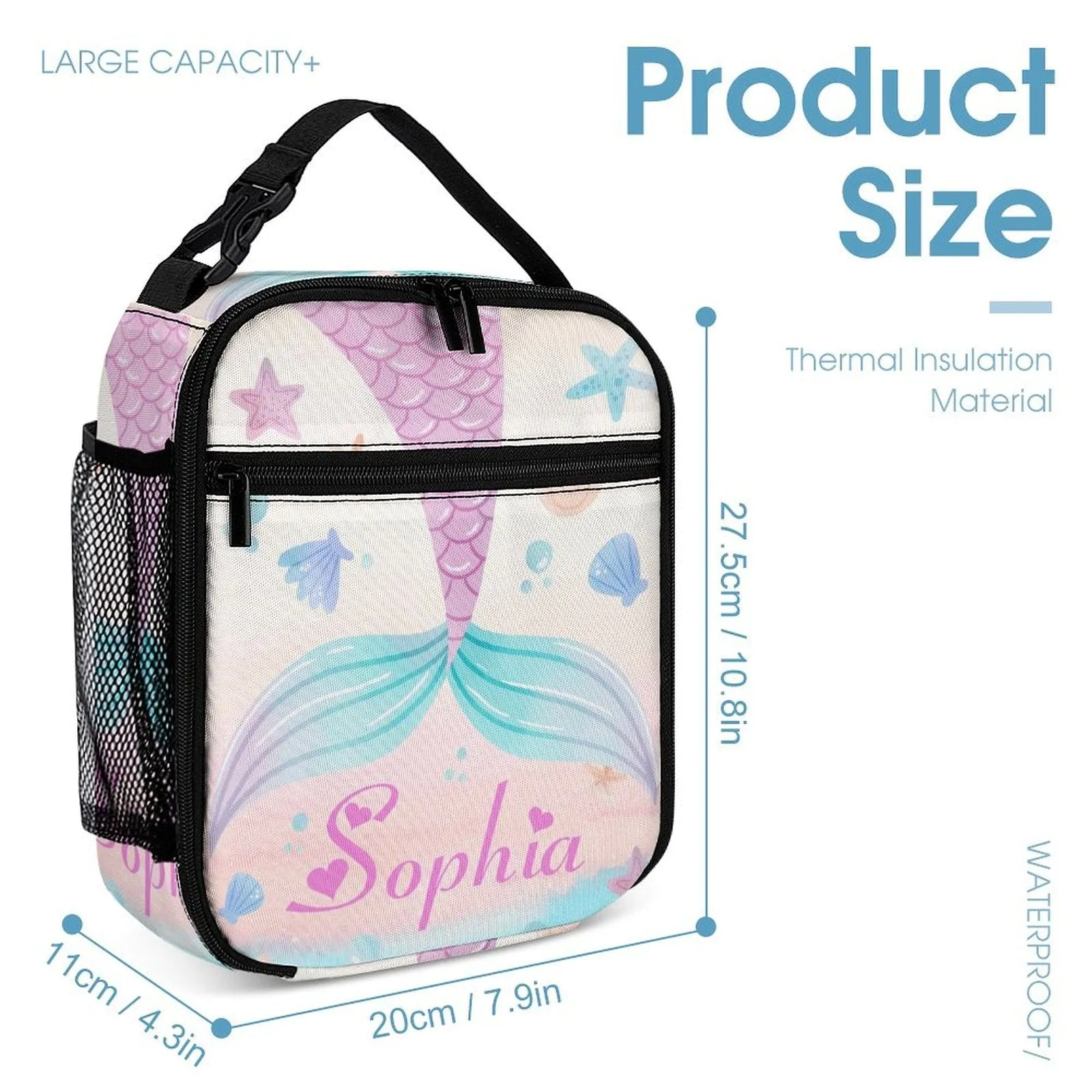 Custom Name Mermaid Tail Portable Insulated Lunch Bag