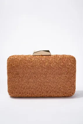 Elisa Boxy Straw Clutch with Shoulder Chain - Brown