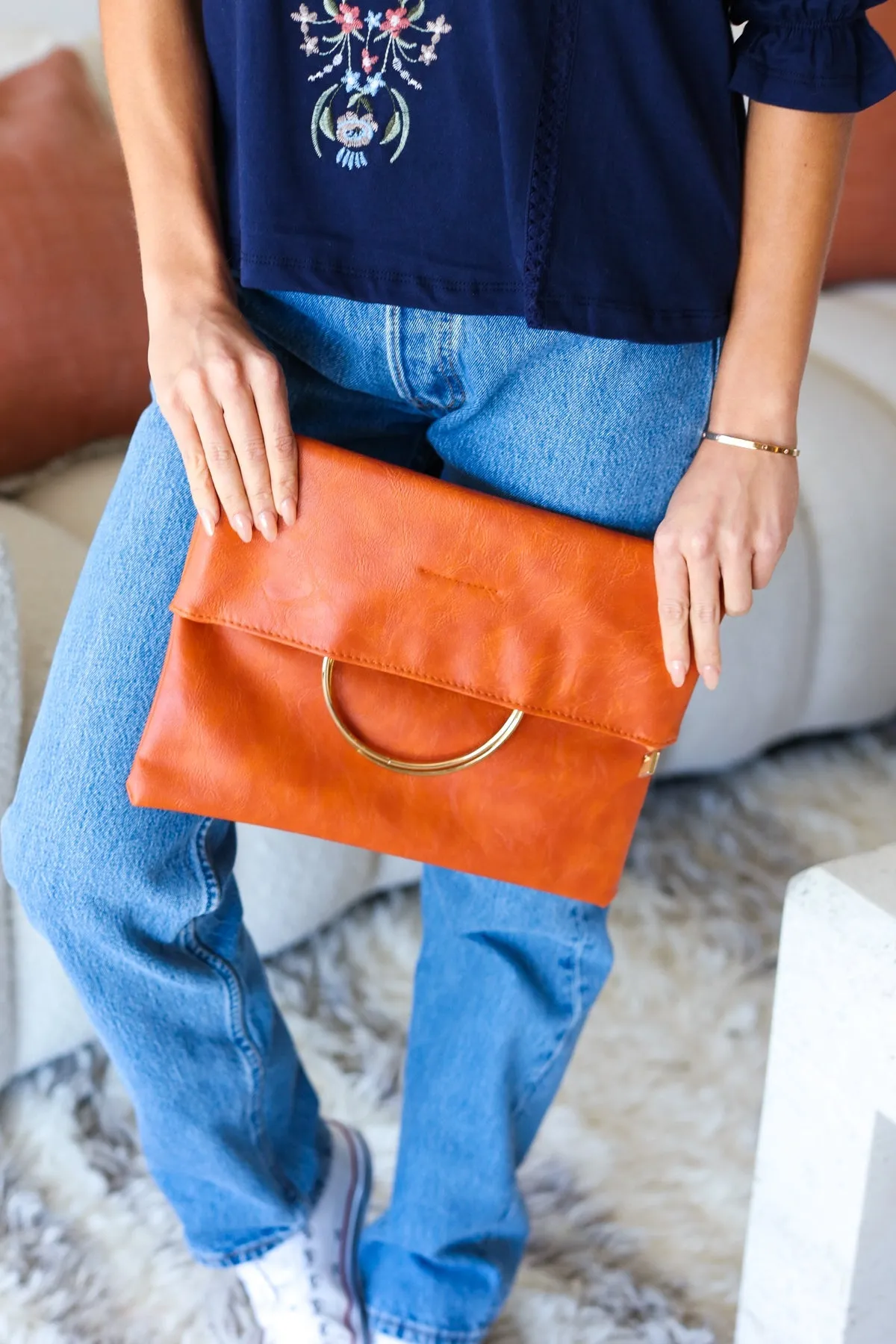 Explore More Collection - Burnt Sienna Fold Over Gold O-Ring Faux Leather Clutch