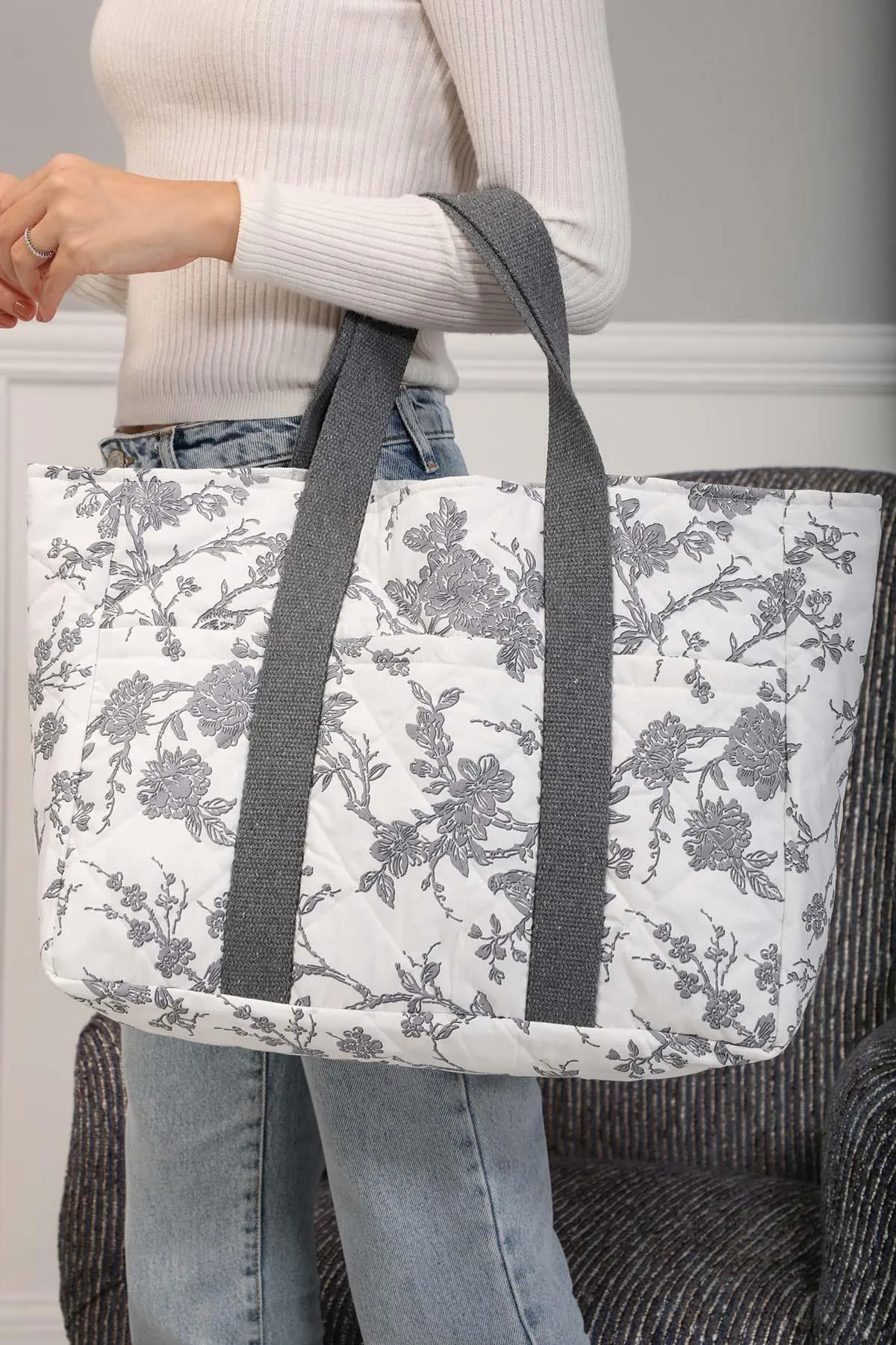 Floral Print Hand Shoulder Cotton Tote Bag Casual Large Capacity Daily Travel Shopping Bag,C-17