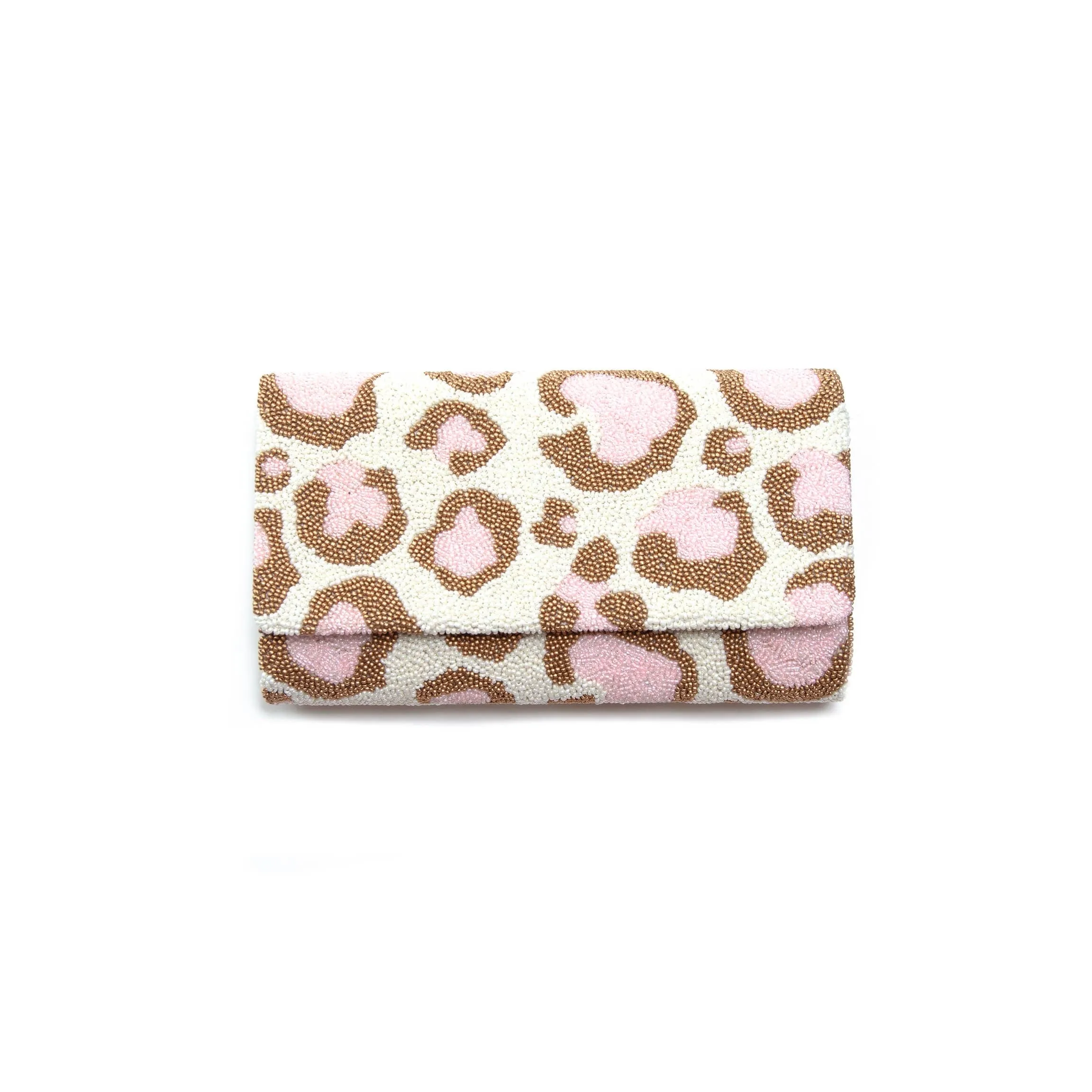 Glamfox - White Pink Leopard Beaded Clutch [Pre-Order]