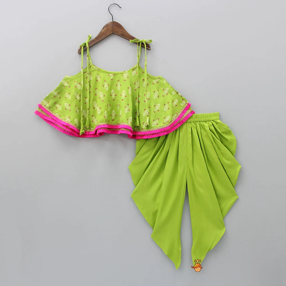 Green Floral Printed Lace Work Top And Dhoti With Matching Sling Bag