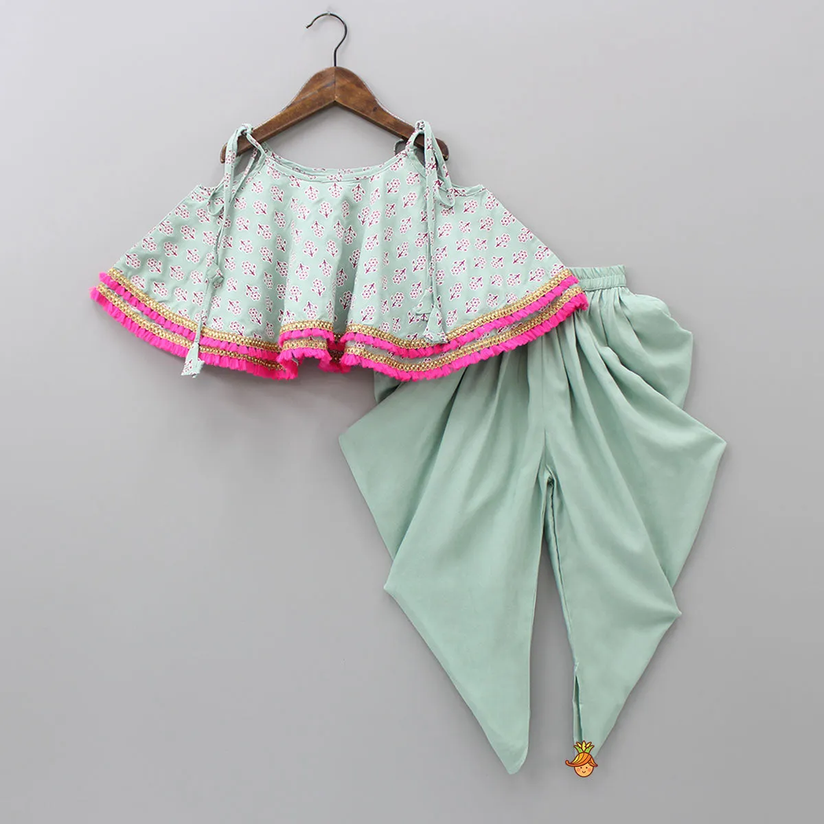 Green Fringes Lace Detail Flared Top And Pleated Dhoti With Matching Sling Bag