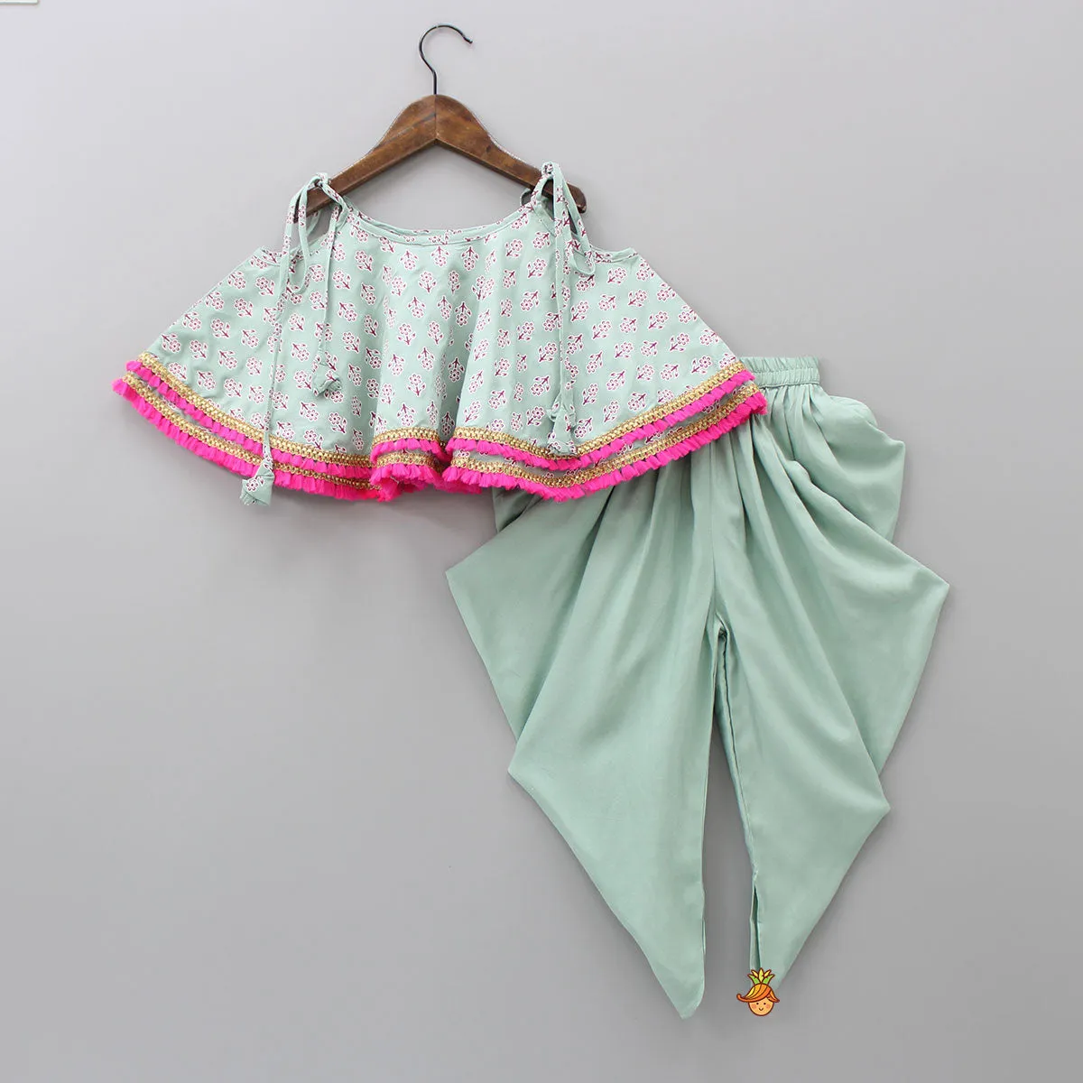 Green Fringes Lace Detail Flared Top And Pleated Dhoti With Matching Sling Bag