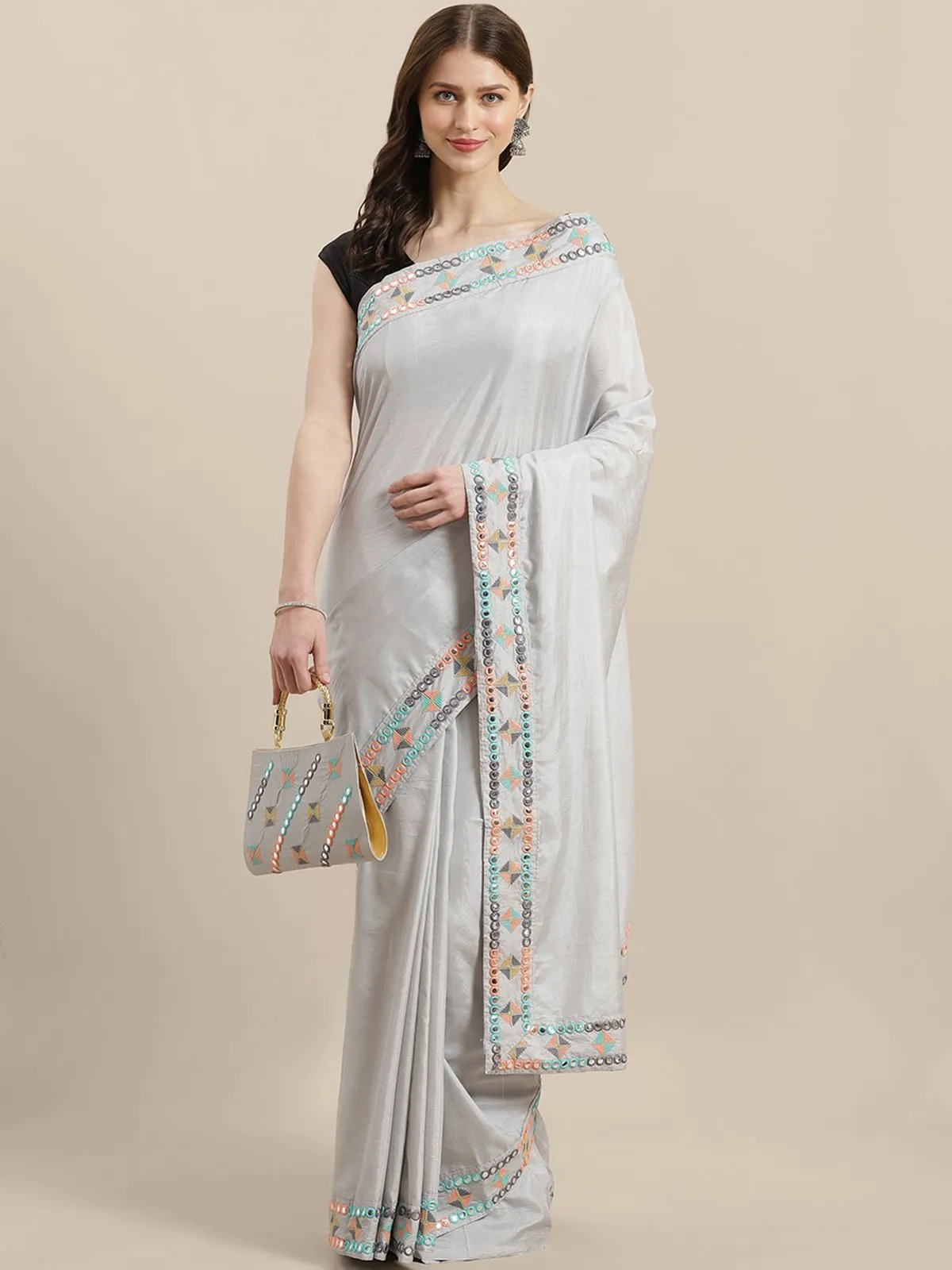 Ishin Art Silk Grey Embellished Women's Saree Comes with a clutch