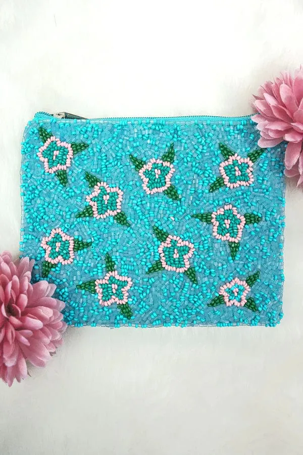 Large teal floral beaded coin clutch