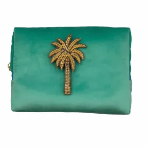 Marine make-up bag & gold palm tree brooch - recycled velvet, large and small