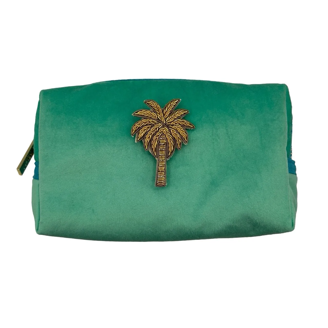 Marine make-up bag & gold palm tree brooch - recycled velvet, large and small