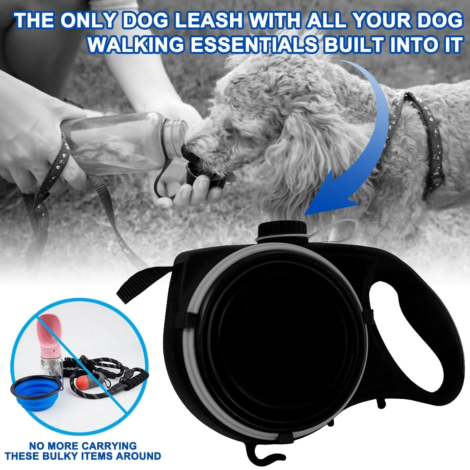 Multifunction Retractable Dog Leash With Built-in Water Bottle Bowl Waste Bag Dispenser