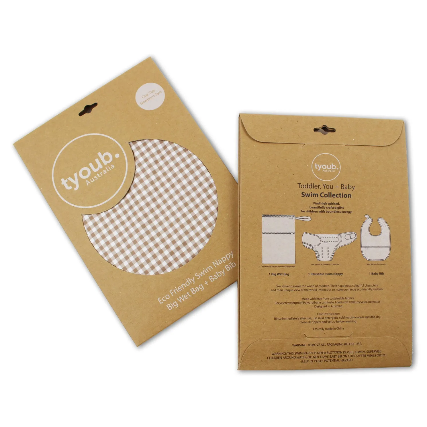 On The Go - Gift Set, Reusable Swim Nappy, Wet Bag and Baby Bib - Fawn Check