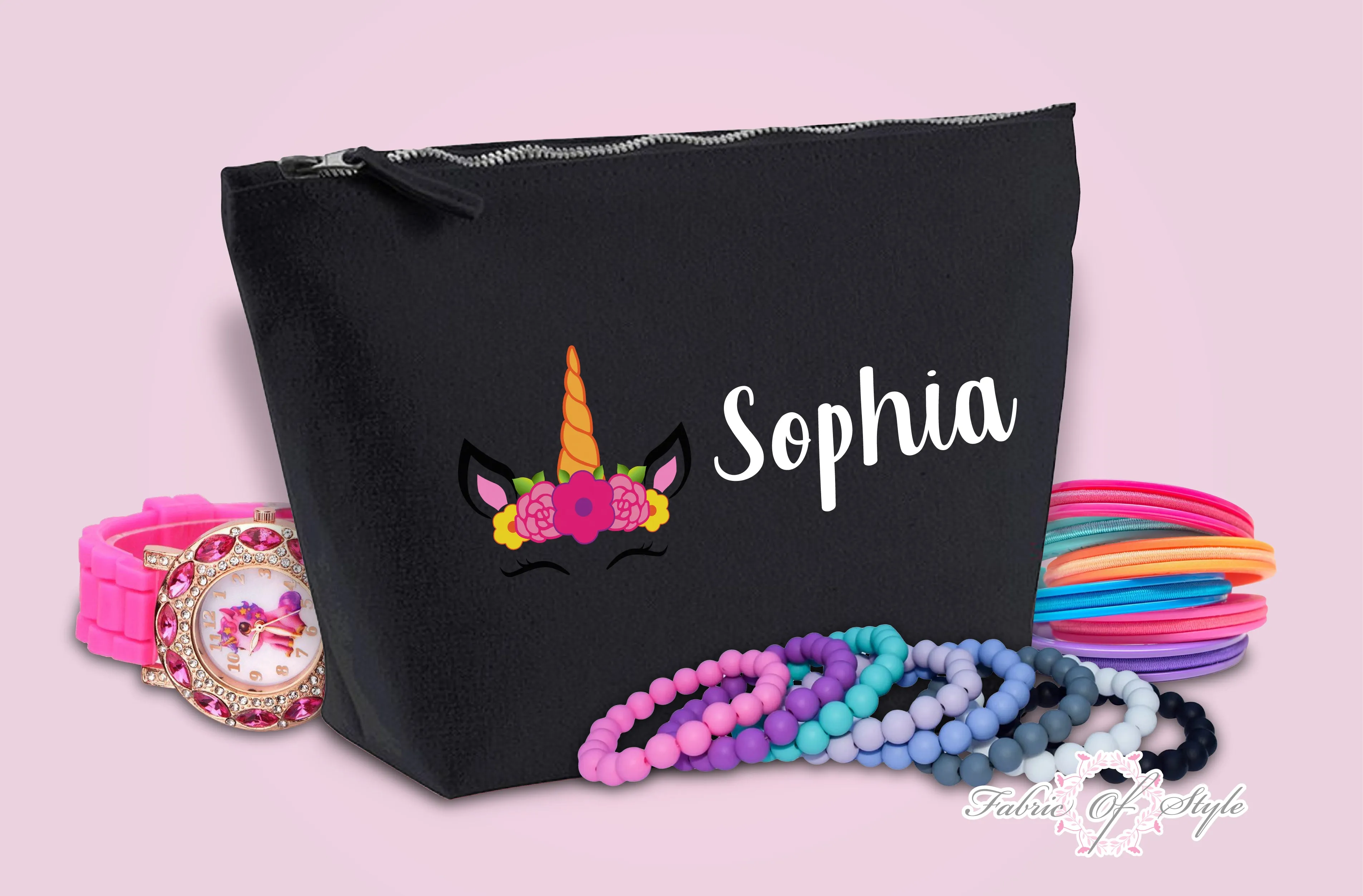 Personalised Unicorn Name Make Up / Wash Bag Christmas Gift Present Kids Black