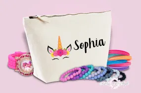 Personalised Unicorn Name Make Up / Wash Bag Christmas Gift Present Kids Natural