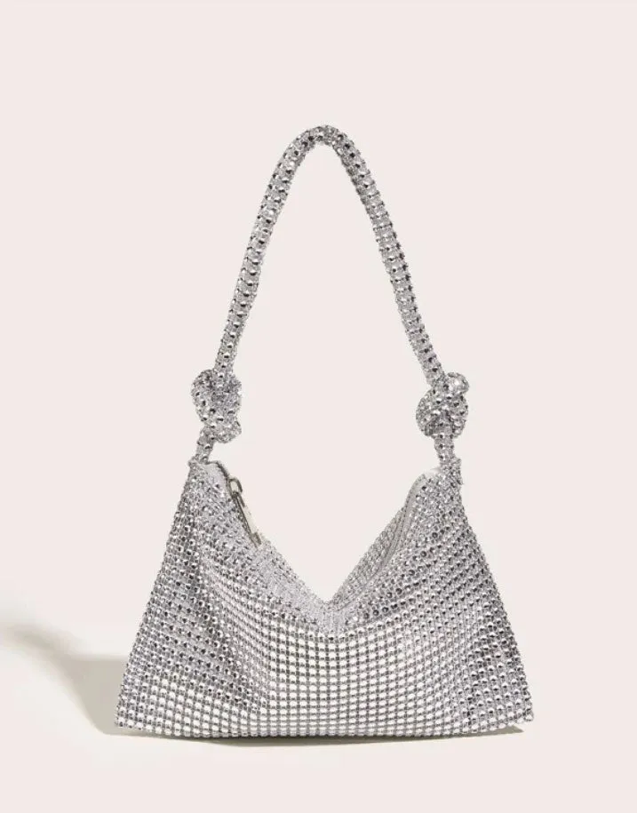 Rhinestone Decor Silver Glamorous Twisted Rope Hobo Bag