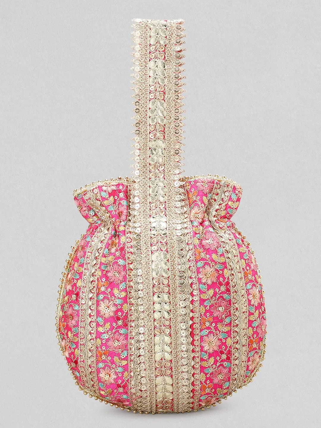 Rubans Pink And Golden Embroidered Potli Bag