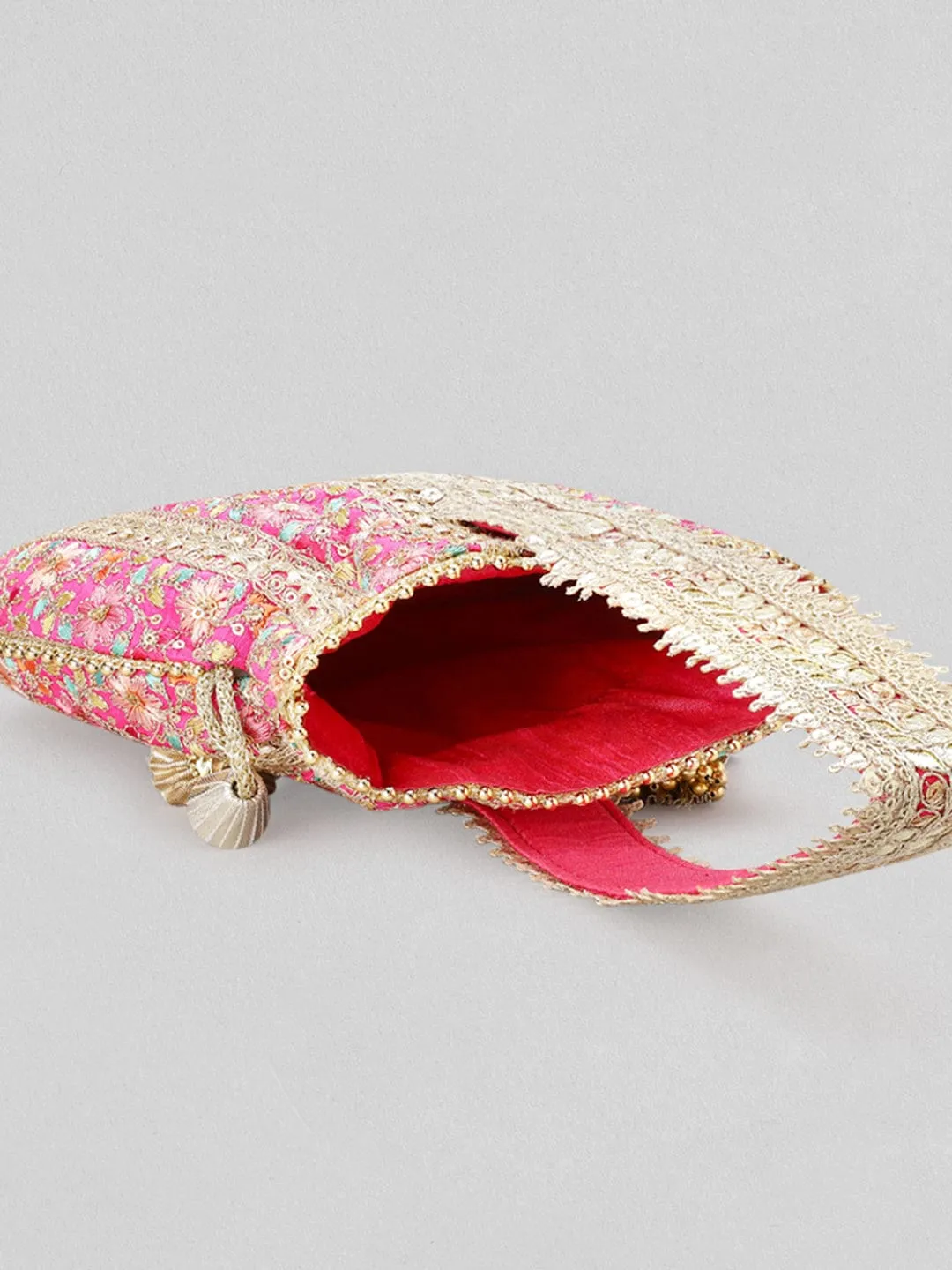 Rubans Pink And Golden Embroidered Potli Bag