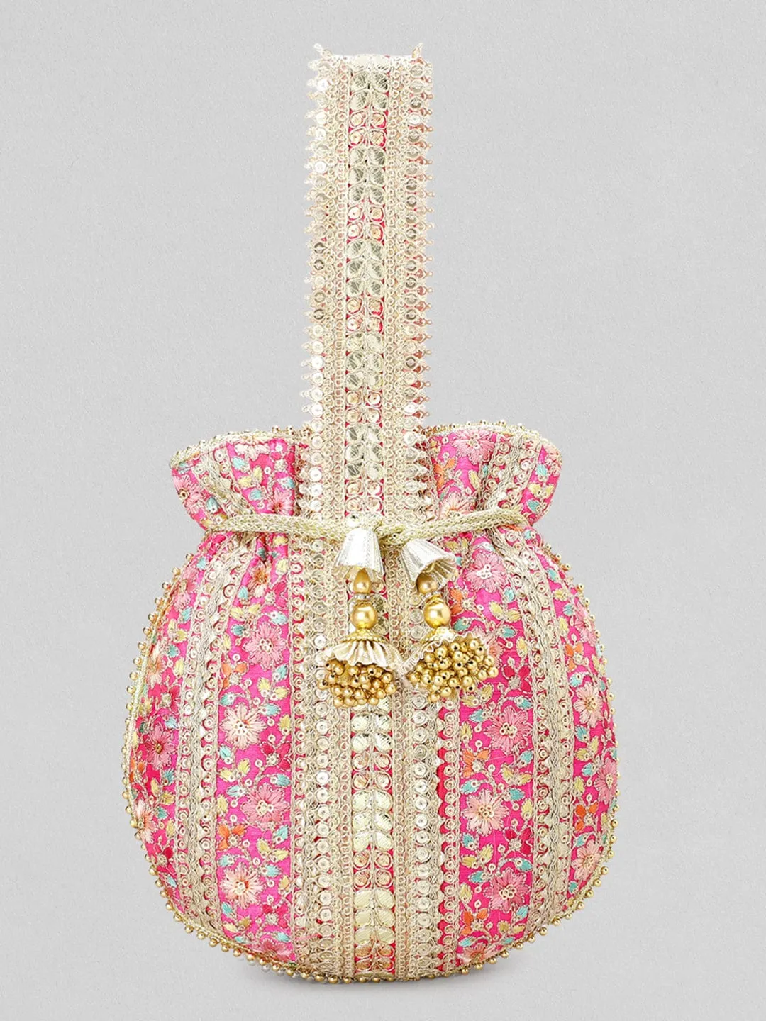 Rubans Pink And Golden Embroidered Potli Bag