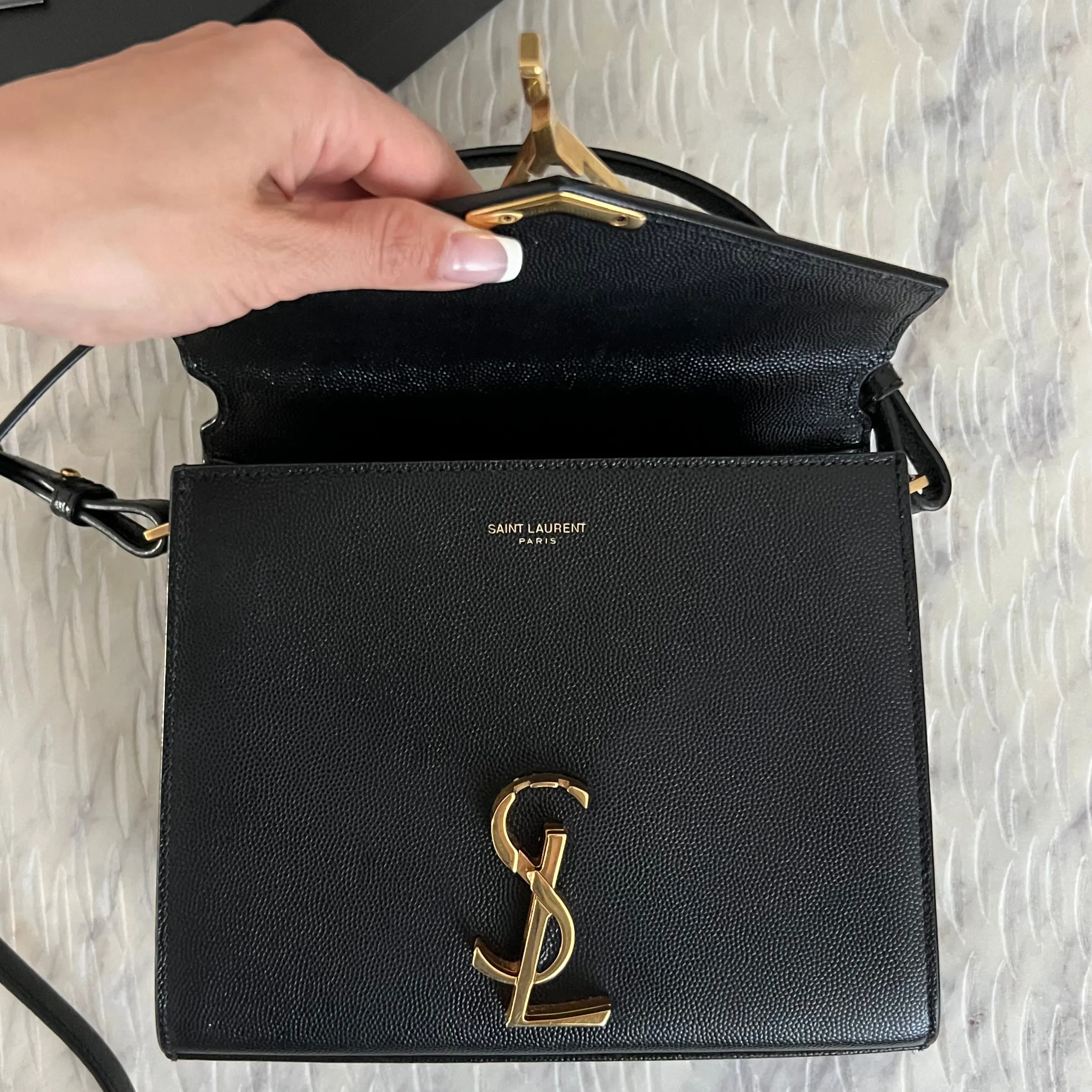 Saint Laurent CASSANDRA MINI TOP HANDLE BAG IN GRAIN DE POUDRE EMBOSSED LEATHER