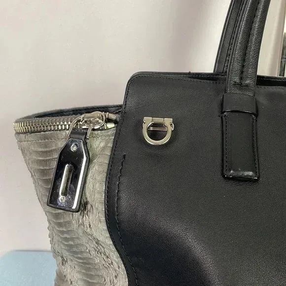 SALVATORE FERRAGAMO LARGE BLACK LEATHER AND GREY SNAKE BAG