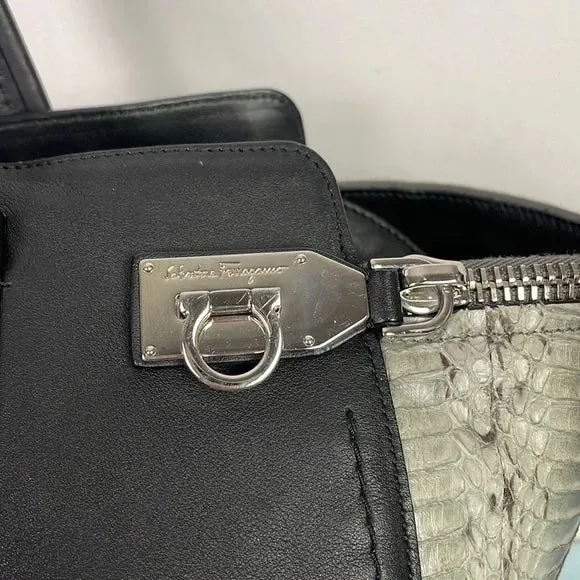 SALVATORE FERRAGAMO LARGE BLACK LEATHER AND GREY SNAKE BAG