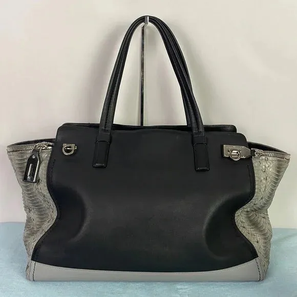 SALVATORE FERRAGAMO LARGE BLACK LEATHER AND GREY SNAKE BAG