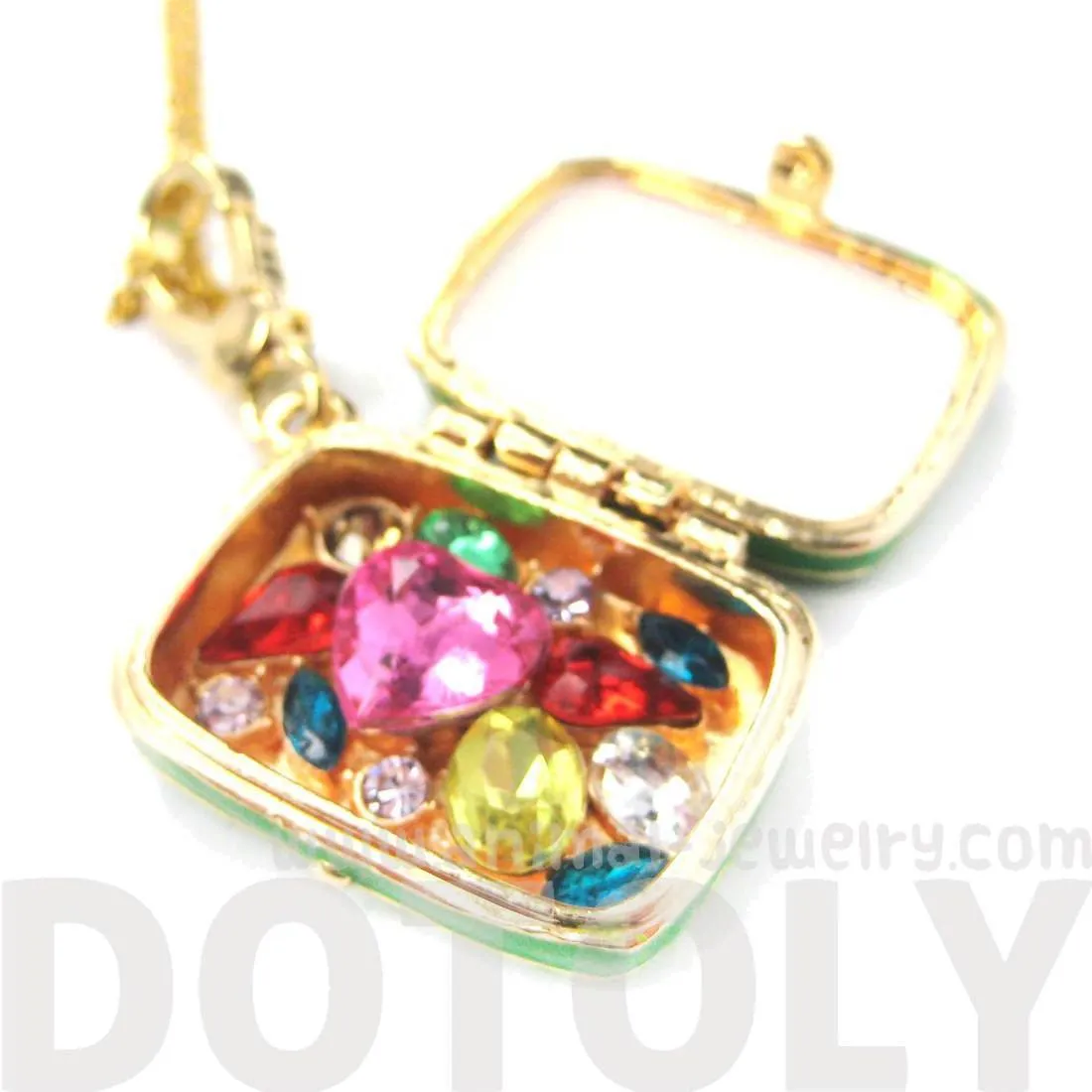 Suitcase Travel Bag Locket Full of Gems Necklace in Green - It Opens Up | Limited Edition