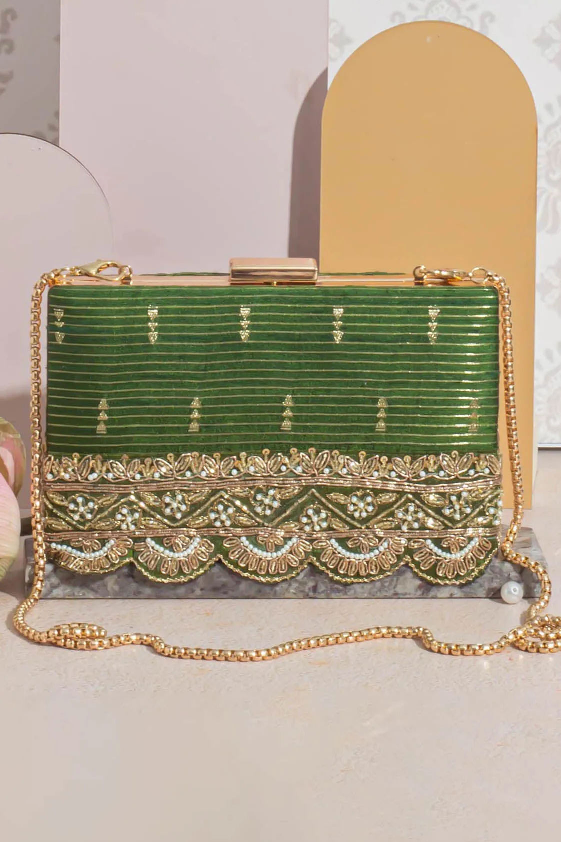 Tari silk box clutch - mehendhi green