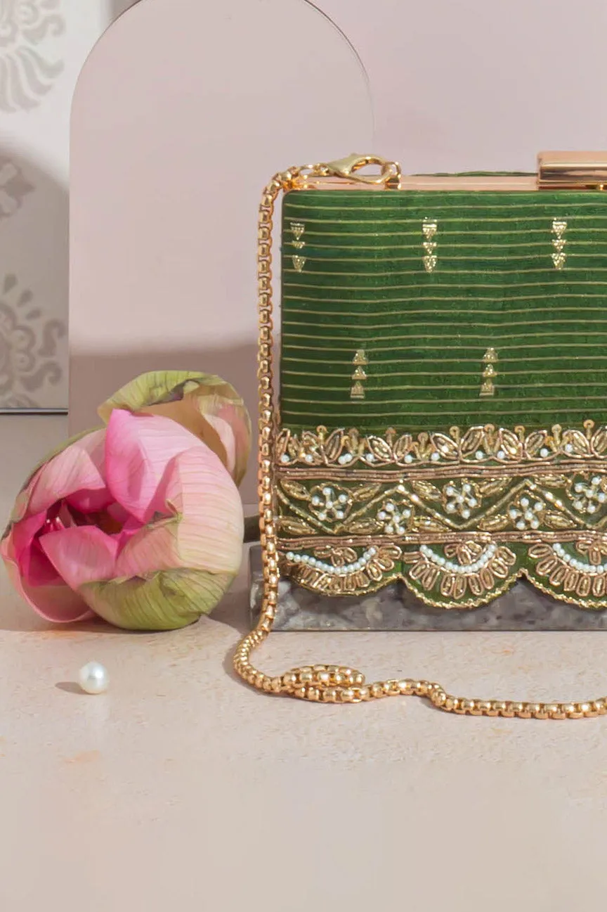 Tari silk box clutch - mehendhi green