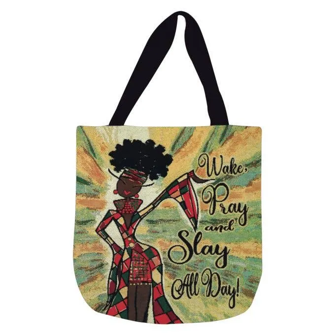 Wake Pray And Slay All Day Woven Tote Bag