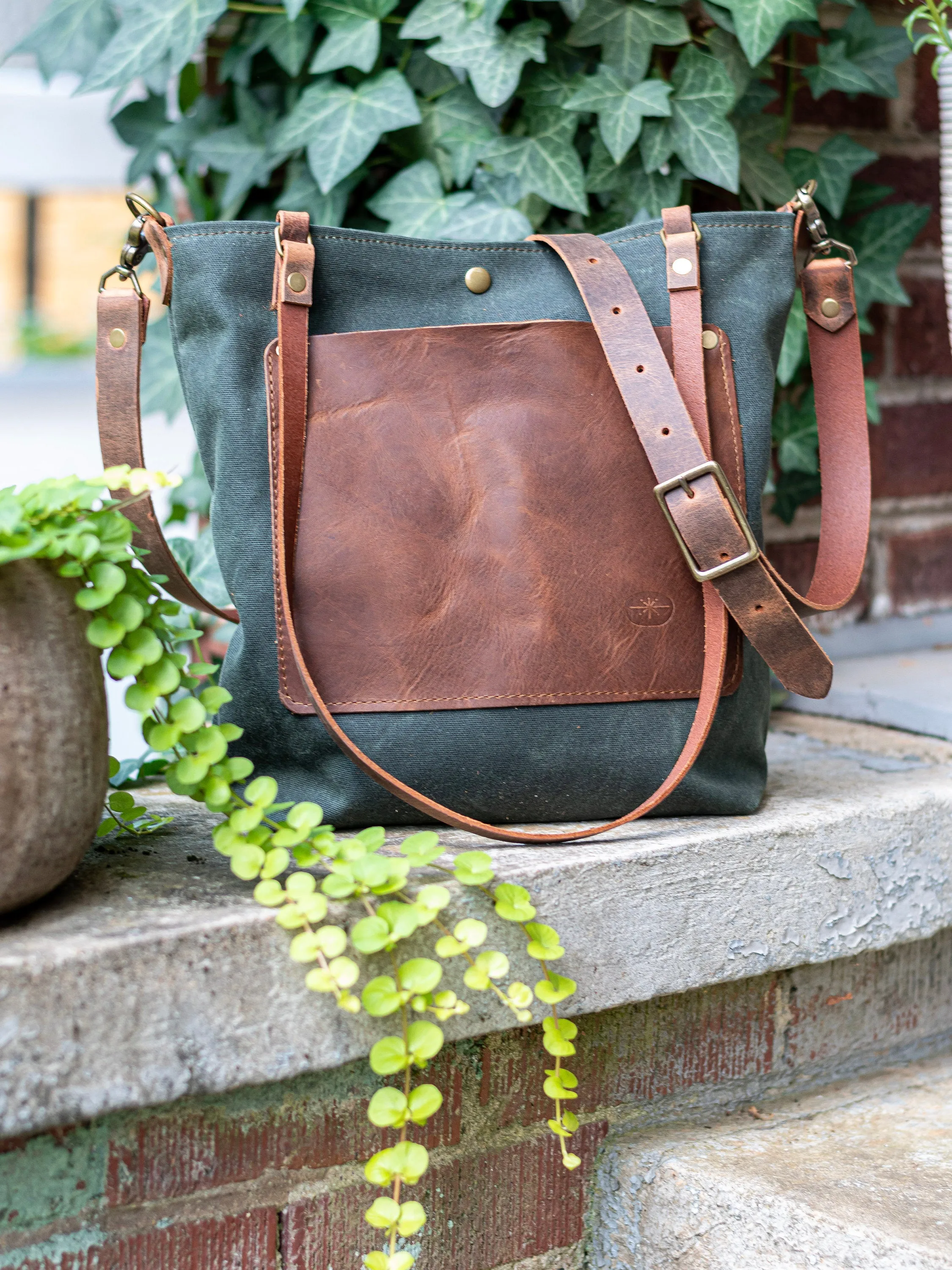 Waxed Canvas Bag | Tote Bag | Crossbody Bag | North South with Pocket | Large