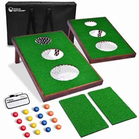 Wooden Golf Cornhole Game SET - Includes Two Targets, 16 Balls, 2 Hitting Mats, Scorecard & Bag